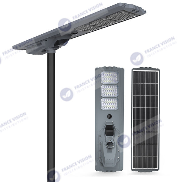 Lampe de rue solaire - Série STARSHIP ULTRA 8500 - Rendu lumineux 2000 Watts - 8500 Lumens - Couleur 3000k - Angle 150x70° - IP65 - Structure aluminium - Dimensions 134 x 36 x 16 cm - Tube d'insertion 76mm - Contrôle intelligent - Capteur PIR