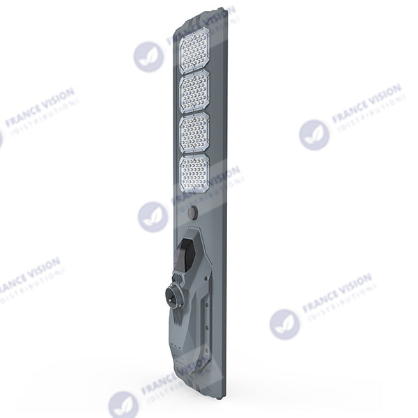 Lampe de rue solaire - Série STARSHIP ULTRA 12 000 - Rendu lumineux 2200 Watts - 12 000 Lumens - Couleur 6000k - Angle 150x70° - IP65 - Dimensions 167 x 36 x 16 cm - Tube d'insertion 76mm - Contrôle intelligent de la lumière - Avec capteur PIR