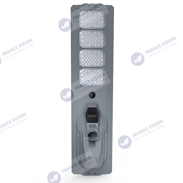 Lampe de rue solaire - Série STARSHIP ULTRA 12 000 - Rendu lumineux 2200 Watts - 12 000 Lumens - Couleur 6000k - Angle 150x70° - IP65 - Dimensions 167 x 36 x 16 cm - Tube d'insertion 76mm - Contrôle intelligent de la lumière - Avec capteur PIR