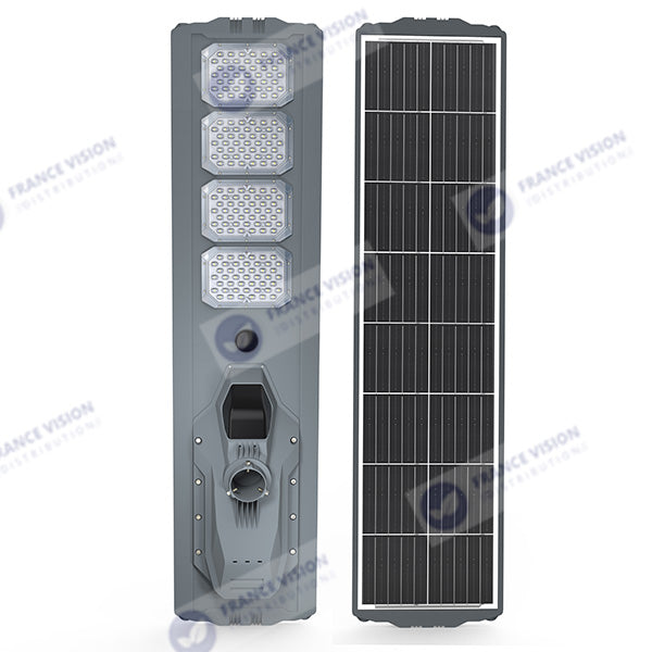 Lampe de rue solaire - Série STARSHIP ULTRA 12 000 - Rendu lumineux 2200 Watts - 12 000 Lumens - Couleur 6000k - Angle 150x70° - IP65 - Dimensions 167 x 36 x 16 cm - Tube d'insertion 76mm - Contrôle intelligent de la lumière - Avec capteur PIR