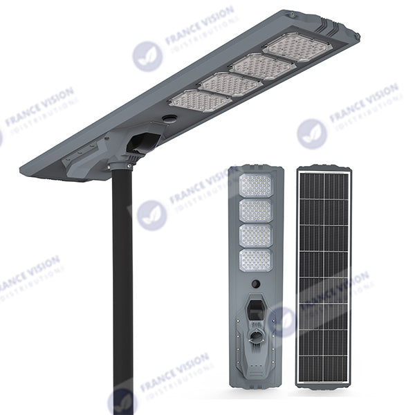Lampe de rue solaire - Série STARSHIP ULTRA 12 000 - Rendu lumineux 2200 Watts - 12 000 Lumens - Couleur 6000k - Angle 150x70° - IP65 - Dimensions 167 x 36 x 16 cm - Tube d'insertion 76mm - Contrôle intelligent de la lumière - Avec capteur PIR