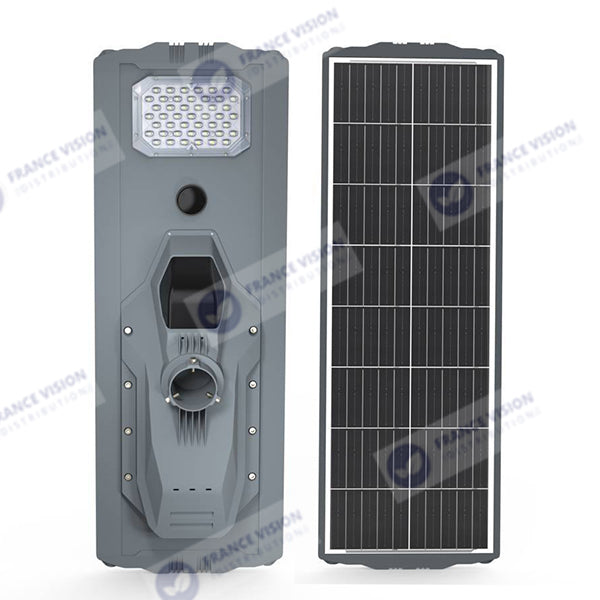 Lampe de rue solaire - Série STARSHIP ULTRA 4500 - Rendu lumineux 1600 Watts - 4500 Lumens - Couleur 3000k - Angle 150x70° - IP65 - Structure aluminium - Dimensions 93 x 36 x 16 cm - Tube d'insertion 76mm - Contrôle intelligent - Capteur PIR