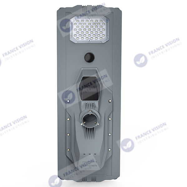 Lampe de rue solaire - Série STARSHIP ULTRA 4500 - Rendu lumineux 1600 Watts - 4500 Lumens - Couleur 3000k - Angle 150x70° - IP65 - Structure aluminium - Dimensions 93 x 36 x 16 cm - Tube d'insertion 76mm - Contrôle intelligent - Capteur PIR