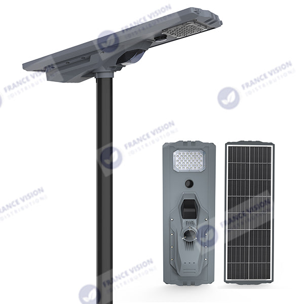 Lampe de rue solaire - Série STARSHIP ULTRA 4500 - Rendu lumineux 1600 Watts - 4500 Lumens - Couleur 3000k - Angle 150x70° - IP65 - Structure aluminium - Dimensions 93 x 36 x 16 cm - Tube d'insertion 76mm - Contrôle intelligent - Capteur PIR