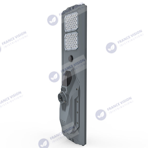 Lampe de rue solaire - Série STARSHIP ULTRA 6500 - Rendu lumineux 1800 Watts - 6500 Lumens - Couleur 6000k - Angle 150x70° - IP65 - Structure aluminium - Dimensions 112 x 36 x 16 cm - Tube d'insertion 76mm - Contrôle intelligent - Capteur PIR