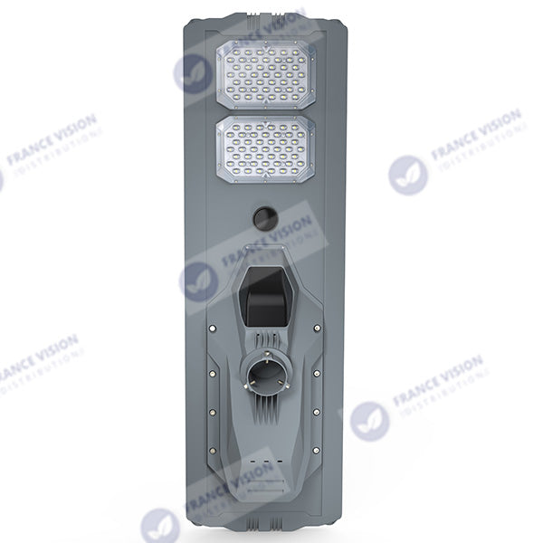 Lampe de rue solaire - Série STARSHIP ULTRA 6500 - Rendu lumineux 1800 Watts - 6500 Lumens - Couleur 6000k - Angle 150x70° - IP65 - Structure aluminium - Dimensions 112 x 36 x 16 cm - Tube d'insertion 76mm - Contrôle intelligent - Capteur PIR