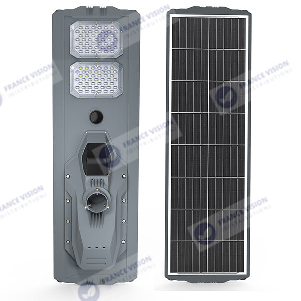 Lampe de rue solaire - Série STARSHIP ULTRA 6500 - Rendu lumineux 1800 Watts - 6500 Lumens - Couleur 6000k - Angle 150x70° - IP65 - Structure aluminium - Dimensions 112 x 36 x 16 cm - Tube d'insertion 76mm - Contrôle intelligent - Capteur PIR
