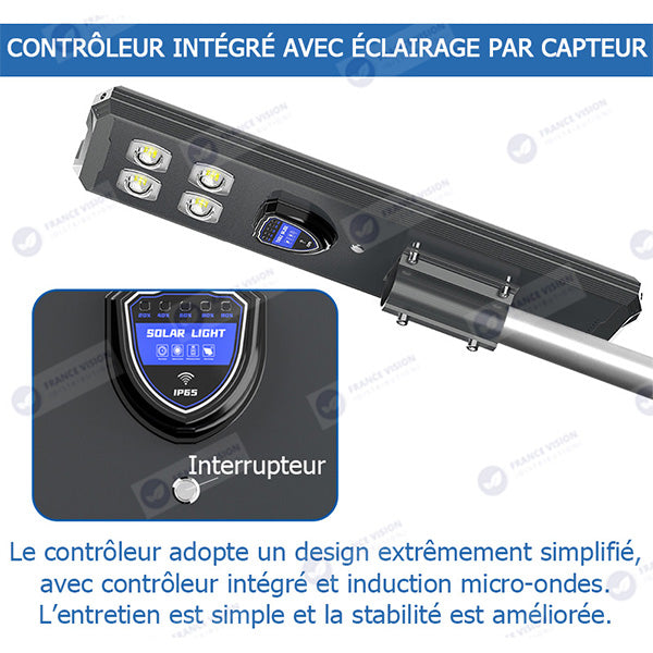 Lampe de rue solaire - Série STARSHIP ULTRA BLACK - Rendu lumineux 1600 Watts - 4400 Lumens - 3000k - Angle 140*70° - IP65 - Structure aluminium - Dimensions 98 x 22 x 8 cm - Tube 60mm - Contrôle intelligent - Détecteur de mouvement - Télécommande