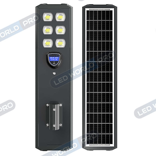 Lampe de rue solaire - Série STARSHIP ULTRA BLACK - Rendu lumineux 1600 Watts - 4400 Lumens - 3000k - Angle 140*70° - IP65 - Structure aluminium - Dimensions 98 x 22 x 8 cm - Tube 60mm - Contrôle intelligent - Détecteur de mouvement - Télécommande