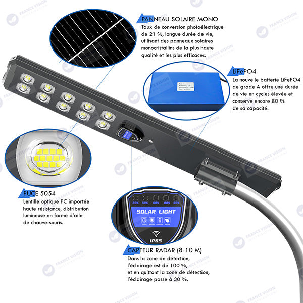Lampe de rue solaire - Série STARSHIP ULTRA BLACK - Rendu lumineux 1600 Watts - 4400 Lumens - 3000k - Angle 140*70° - IP65 - Structure aluminium - Dimensions 98 x 22 x 8 cm - Tube 60mm - Contrôle intelligent - Détecteur de mouvement - Télécommande