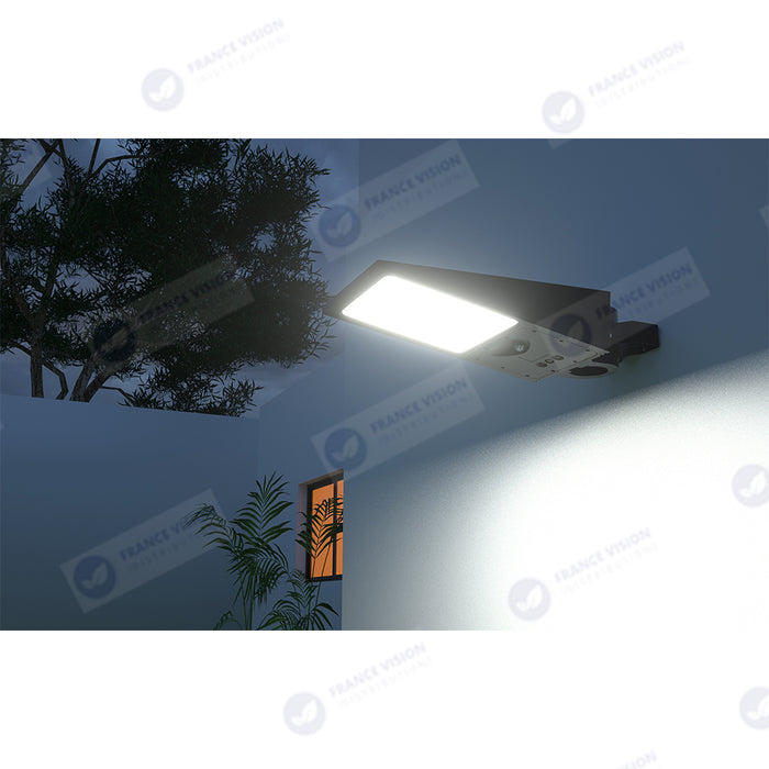 Lampe de rue et parking Solaire - Série STREET EVO V2 – Rendu lumineux 500 Watts - 4800 Lumens - CCT - 140x70° - Télécommande - Détecteur de mouvement - Diamètre d’insertion 60 mm - 52 x 23 x 10 cm – Installation sur mât et murale