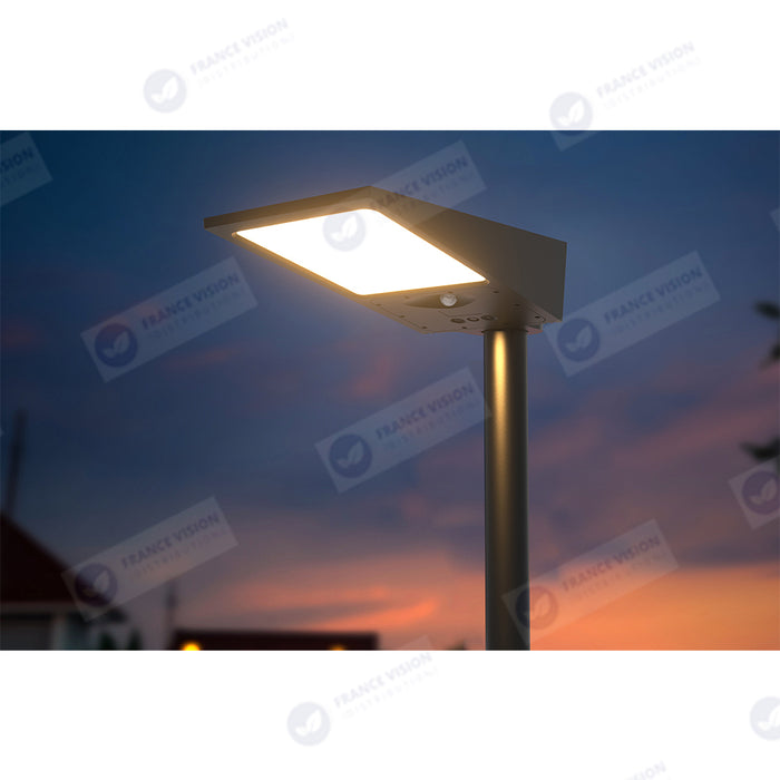 Lampe de rue et parking Solaire - Série STREET EVO V2 – Rendu lumineux 500 Watts - 4800 Lumens - CCT - 140x70° - Télécommande - Détecteur de mouvement - Diamètre d’insertion 60 mm - 52 x 23 x 10 cm – Installation sur mât et murale