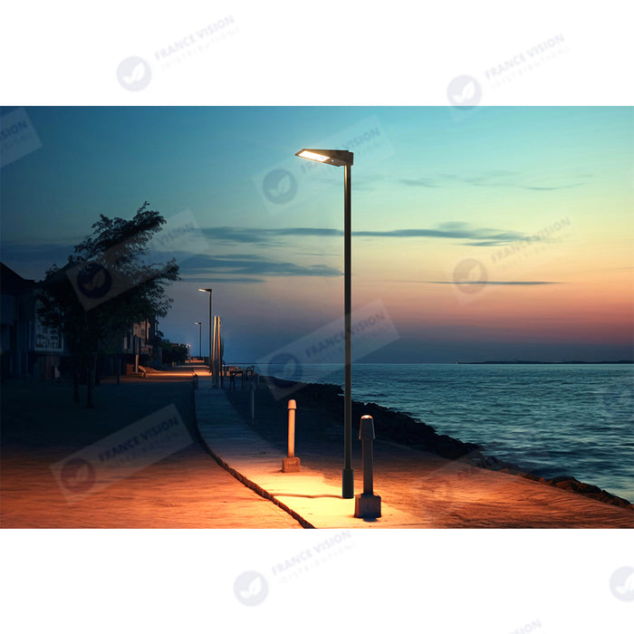 Lampe de rue et parking Solaire - Série STREET EVO V2 – Rendu lumineux 500 Watts - 4800 Lumens - CCT - 140x70° - Télécommande - Détecteur de mouvement - Diamètre d’insertion 60 mm - 52 x 23 x 10 cm – Installation sur mât et murale