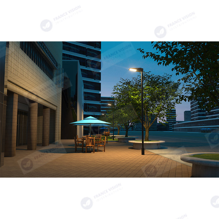 Lampe de rue et parking Solaire - Série STREET EVO V2 – Rendu lumineux 500 Watts - 4800 Lumens - CCT - 140x70° - Télécommande - Détecteur de mouvement - Diamètre d’insertion 60 mm - 52 x 23 x 10 cm – Installation sur mât et murale