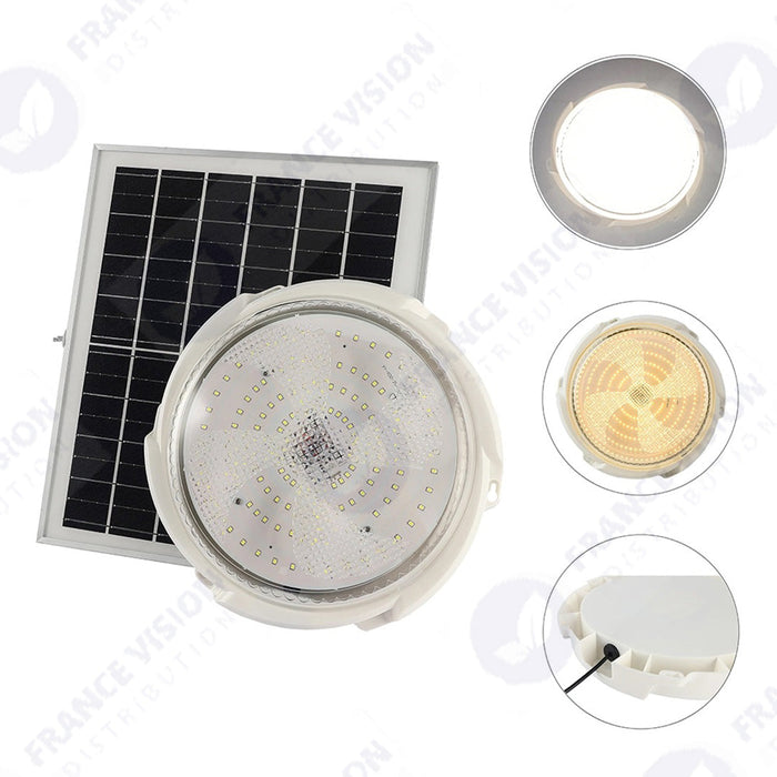 Lot de 10x Plafonniers LED Solaires CCT (Couleur Changeante en Température ) - Rendu lumineux 300 Watts - 1600 Lumens - Série HOME 300 – Lampe diamètre 36 cm - Panneau solaire 58 x 35 x 2cm - IP65 - Avec télécommande multifonctions