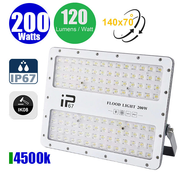 Projecteur LED filaire - Série ELITE - 200 Watts - 24 000 Lumens - 120 Lumens / Watt -  Angle 140x70° - IP67 - Protection à l'impact IK08 - 32 x 24 x 4 cm - Couleur 4500k