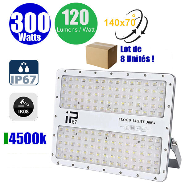 Lot de 8x Projecteurs LED filaires - Série ELITE - 300 Watts - 36 000 Lumens - 120 Lumens / Watt -  Angle 140x70° - IP67 - Protection à l'impact IK08 - 37 x 27 x 4 cm - Couleur 4500k