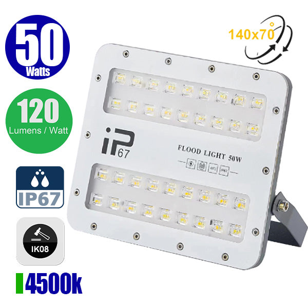 Projecteur LED filaire - Série ELITE - 50 Watts - 6000 Lumens - 120 Lumens / Watt -  Angle 140x70° - IP67 - Protection à l'impact IK08 - 20 x 16 x 4 cm - Couleur 4500k