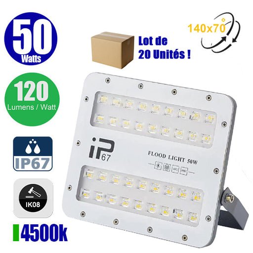 Lot de 20x Projecteurs LED filaires - Série ELITE - 50 Watts - 6000 Lumens - 120 Lumens / Watt -  Angle 140x70° - IP67 - Protection à l'impact IK08 - 20 x 16 x 4 cm - Couleur 4500k