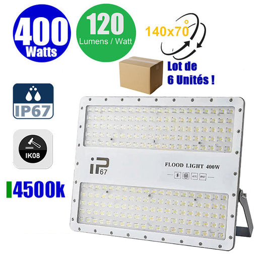 Lot de 6x Projecteurs LED filaires - Série ELITE - 400 Watts - 48 000 Lumens - 120 Lumens / Watt -  Angle 140x70° - IP67 - Protection à l'impact IK08 - 42 x 32 x 4 cm - Couleur 4500k