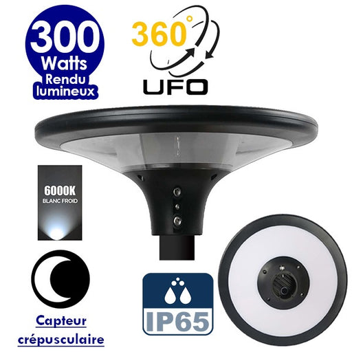 Lampe solaire - Série OVNI SUN FLOWER 300 - Rendu lumineux 300 Watts - 2300 lumens - Diamètre tube d'insertion 60 mm - 6000k - Capteur crépusculaire - Mode automatique - Panneau monocristallin - Gestion de l’éclairage intelligent