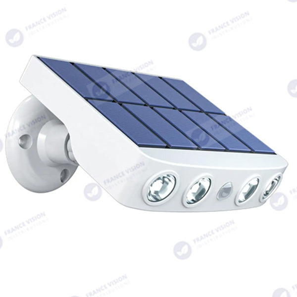 Projecteur / Lampe de sécurité solaire LED multifonctionnelles - Série HYPNOSE - Rendu lumineux 80 Watts - 600 Lumens - Multi angles d'installation 360° - IP65 - 14 x 11 x 3 cm - Détecteur de mouvement - 3 Modes - Modèle blanc - 6000k