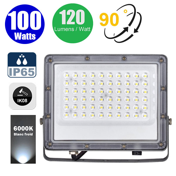 Projecteur LED filaire - Série PERLE V2 - 100 Watts - 12 000 Lumens - 120 Lumens/Watt - Angle 90° - IP65 - 6000K - 290 x 230 x 25 mm