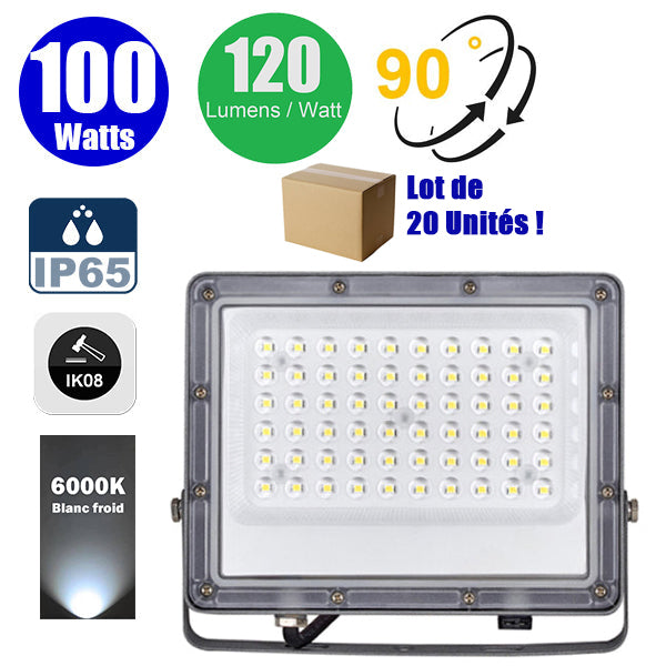 Lot de 20x Projecteurs LED filaires - Série PERLE V2 - 100 Watts - 12 000 Lumens - 120 Lumens/Watt - Angle 90° - IP65 - 6000K - 290 x 230 x 25 mm