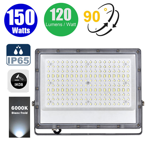 Projecteur LED filaire - Série PERLE V2 - 150 Watts - 18 000 Lumens - 120 Lumens/Watt - Angle 90° - IP65 - 6000K - 352 x 273 x 25 mm