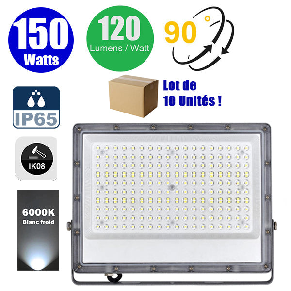 Lot de 10x Projecteurs LED filaires - Série PERLE V2 - 150 Watts - 18 000 Lumens - 120 Lumens/Watt - Angle 90° - IP65 - 6000K - 352 x 273 x 25 mm
