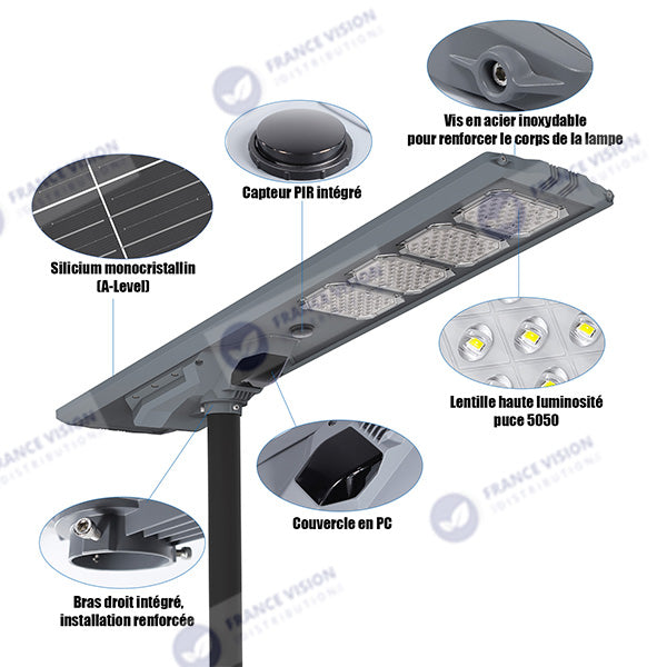 Lampe de rue solaire - Série STARSHIP ULTRA 12 000 - Rendu lumineux 2200 Watts - 12 000 Lumens - Couleur 6000k - Angle 150x70° - IP65 - Dimensions 167 x 36 x 16 cm - Tube d'insertion 76mm - Contrôle intelligent de la lumière - Avec capteur PIR