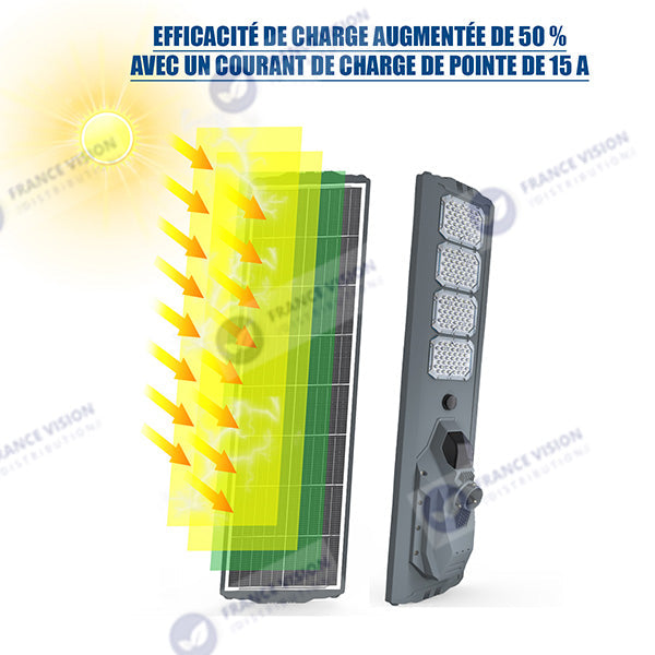 Lampe de rue solaire - Série STARSHIP ULTRA 12 000 - Rendu lumineux 2200 Watts - 12 000 Lumens - Couleur 6000k - Angle 150x70° - IP65 - Dimensions 167 x 36 x 16 cm - Tube d'insertion 76mm - Contrôle intelligent de la lumière - Avec capteur PIR
