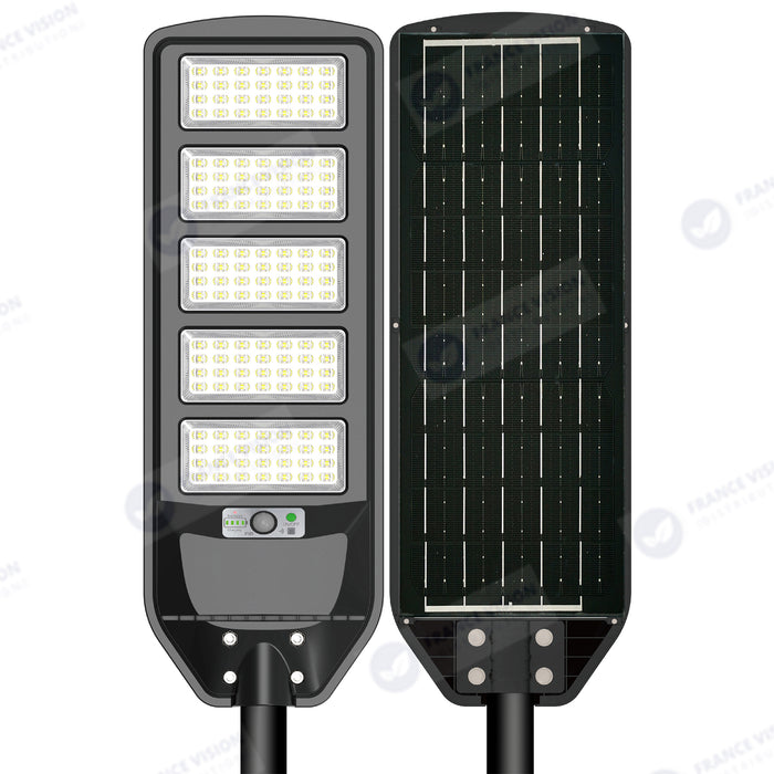 Solaire - Luminaire LED pour Candélabre / Lampe de rue et parking - Série VIEW V2 - 400 Watts - 2700 Lumens - Angle 140*70° - IP65 - Lampe 72 x 25 x 5 cm - Panneau MONOCRISTALLIN - 61 x 23 cm - Détecteur de mouvement - 3000k - Tube d'insertion 45mm