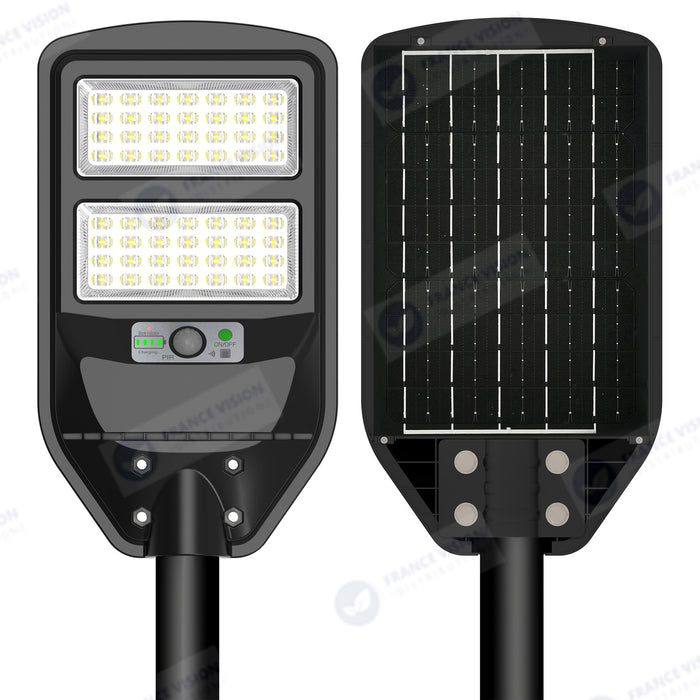 Solaire - Luminaire LED pour Candélabre / Lampe de rue et parking - Série VIEW V2 - 120 Watts - 1200 Lumens - Angle 140*70° - IP65 - Lampe 41 x 23 x 5 cm - Panneau MONOCRISTALLIN - 30 x 21 cm - Détecteur de mouvement - 6000k - Tube d'insertion 45mm