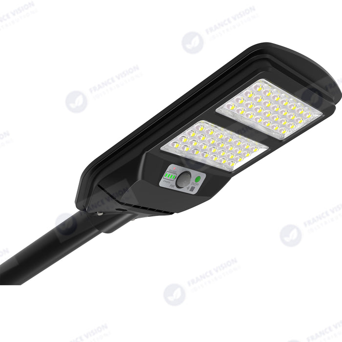 Solaire - Luminaire LED pour Candélabre / Lampe de rue et parking - Série VIEW V2 - 120 Watts - 1200 Lumens - Angle 140*70° - IP65 - Lampe 41 x 23 x 5 cm - Panneau MONOCRISTALLIN - 30 x 21 cm - Détecteur de mouvement - 6000k - Tube d'insertion 45mm
