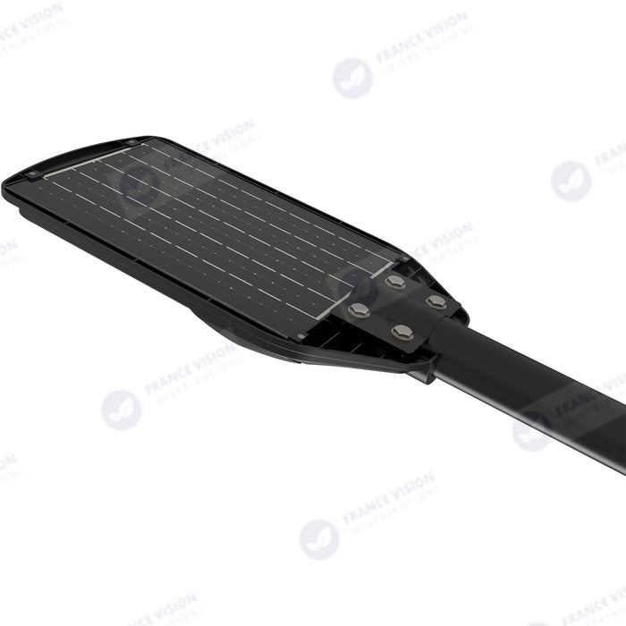 Solaire - Luminaire LED pour Candélabre / Lampe de rue et parking - Série VIEW V2 - 120 Watts - 1200 Lumens - Angle 140*70° - IP65 - Lampe 41 x 23 x 5 cm - Panneau MONOCRISTALLIN - 30 x 21 cm - Détecteur de mouvement - 6000k - Tube d'insertion 45mm