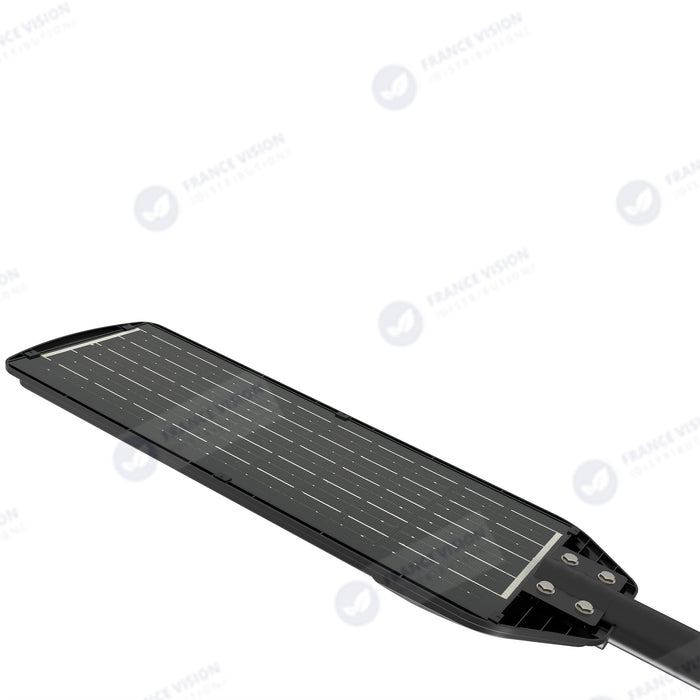 Solaire - Luminaire LED pour Candélabre / Lampe de rue et parking - Série VIEW V2 - 400 Watts - 2700 Lumens - Angle 140*70° - IP65 - Lampe 72 x 25 x 5 cm - Panneau MONOCRISTALLIN - 61 x 23 cm - Détecteur de mouvement - 3000k - Tube d'insertion 45mm