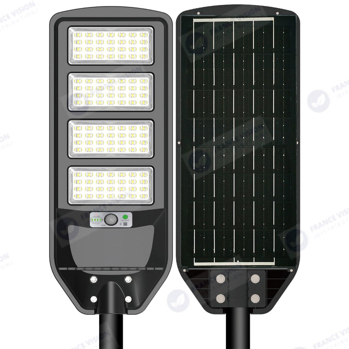 Solaire - Luminaire LED pour Candélabre / Lampe de rue et parking - Série VIEW V2 - 300 Watts - 2300 Lumens - Angle 140*70° - IP65 - Lampe 62 x 25 x 5 cm - Panneau MONOCRISTALLIN - 51 x 23 cm - Détecteur de mouvement - 4000k - Tube d'insertion 45mm