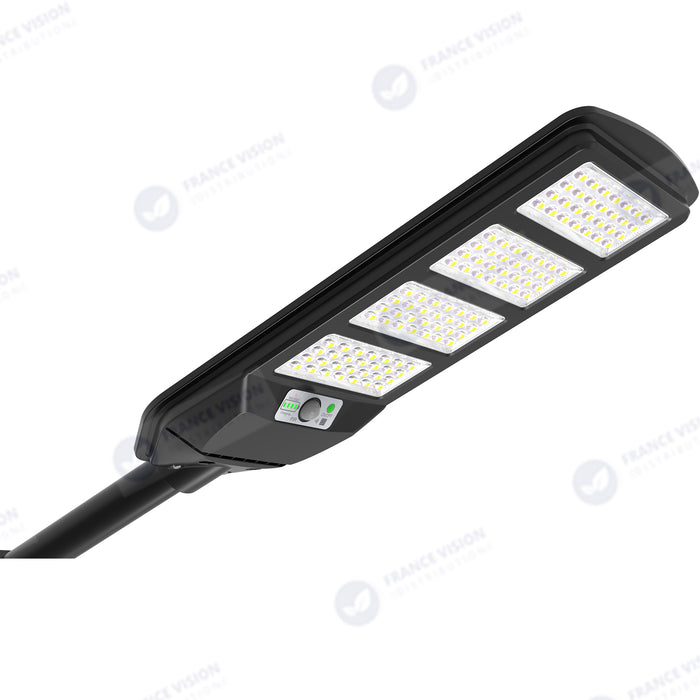 Solaire - Luminaire LED pour Candélabre / Lampe de rue et parking - Série VIEW V2 - 300 Watts - 2300 Lumens - Angle 140*70° - IP65 - Lampe 62 x 25 x 5 cm - Panneau MONOCRISTALLIN - 51 x 23 cm - Détecteur de mouvement - 6000k - Tube d'insertion 45mm