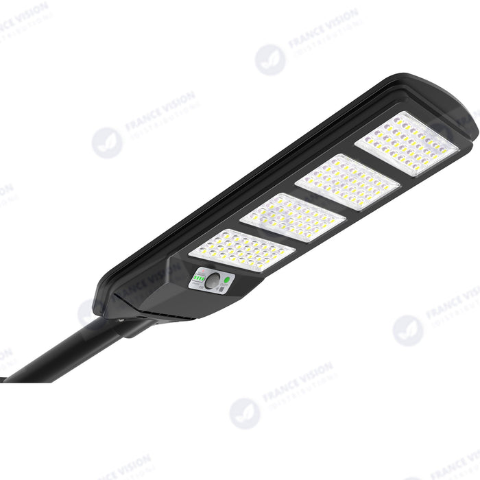 Solaire - Luminaire LED pour Candélabre / Lampe de rue et parking - Série VIEW V2 - 300 Watts - 2300 Lumens - Angle 140*70° - IP65 - Lampe 62 x 25 x 5 cm - Panneau MONOCRISTALLIN - 51 x 23 cm - Détecteur de mouvement - 3000k - Tube d'insertion 45mm