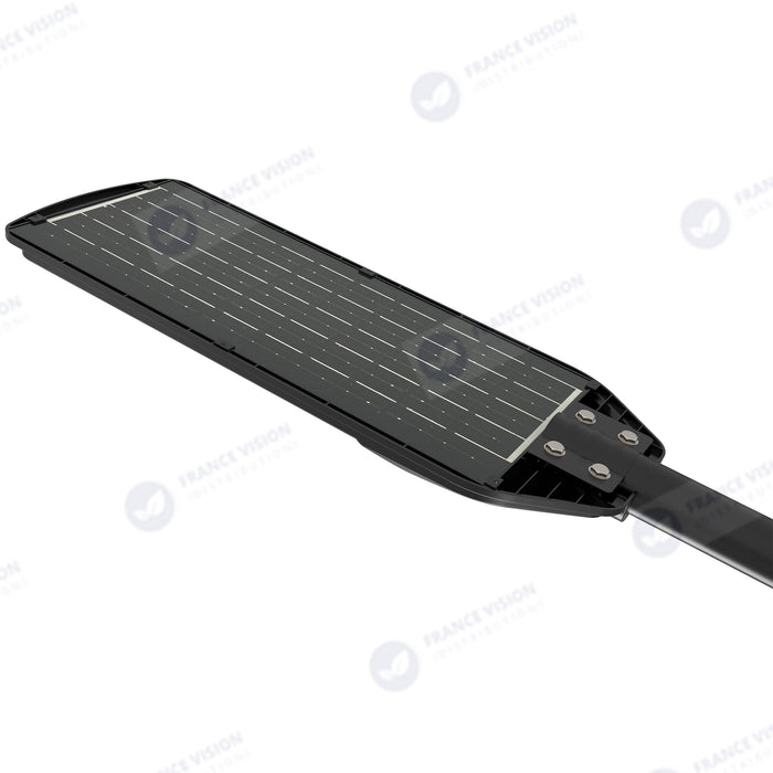 Solaire - Luminaire LED pour Candélabre / Lampe de rue et parking - Série VIEW V2 - 300 Watts - 2300 Lumens - Angle 140*70° - IP65 - Lampe 62 x 25 x 5 cm - Panneau MONOCRISTALLIN - 51 x 23 cm - Détecteur de mouvement - 3000k - Tube d'insertion 45mm