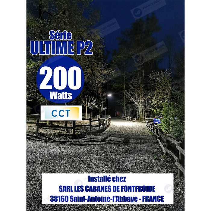 Lampe de rue filaire - Série ULTIME P2 - CCT - Puissance ajustable 100 / 150 / 200 Watts - 180 Lumens/Watt - 53 x 30 x 6,5 cm - IP66 - Angle 150 x 90° - Tube d'insertion 60mm - Couleur Bronze foncé - Dimmable – Angle rotatif - Garantie 5 ans