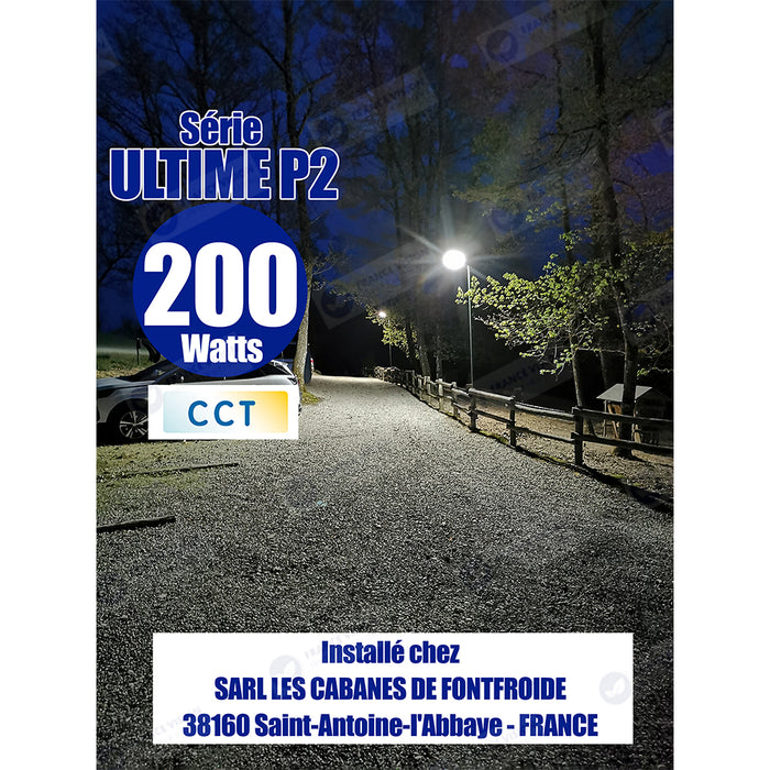 Lampe de rue filaire - Série ULTIME P2 - CCT - Puissance ajustable 100 / 150 / 200 Watts - 180 Lumens/Watt - 53 x 30 x 6,5 cm - IP66 - Angle 150 x 90° - Tube d'insertion 60mm - Couleur Bronze foncé - Dimmable – Angle rotatif - Garantie 5 ans
