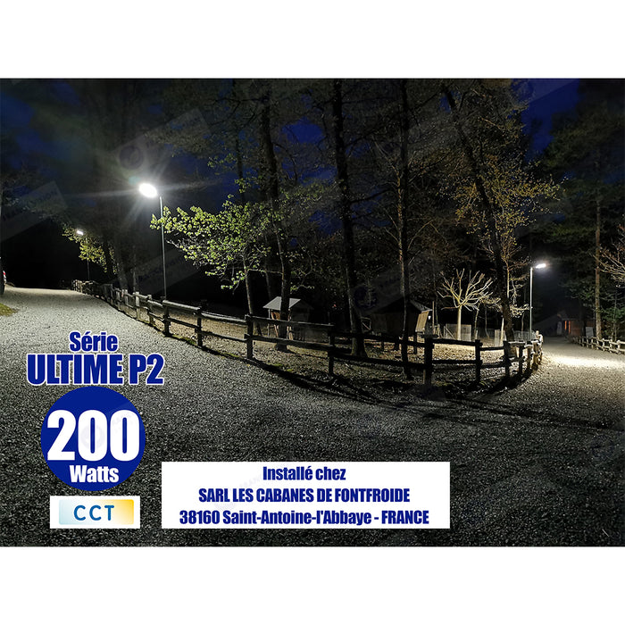 Lampe de rue filaire - Série ULTIME P2 - CCT - Puissance ajustable 100 / 150 / 200 Watts - 180 Lumens/Watt - 53 x 30 x 6,5 cm - IP66 - Angle 150 x 90° - Tube d'insertion 60mm - Couleur Bronze foncé - Dimmable – Angle rotatif - Garantie 5 ans