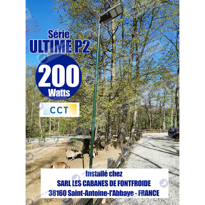Lampe de rue filaire - Série ULTIME P2 - CCT - Puissance ajustable 100 / 150 / 200 Watts - 180 Lumens/Watt - 53 x 30 x 6,5 cm - IP66 - Angle 150 x 90° - Tube d'insertion 60mm - Couleur Bronze foncé - Dimmable – Angle rotatif - Garantie 5 ans