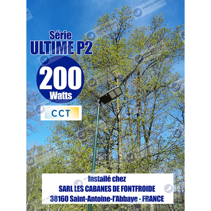 Lampe de rue filaire - Série ULTIME P2 - CCT - Puissance ajustable 100 / 150 / 200 Watts - 180 Lumens/Watt - 53 x 30 x 6,5 cm - IP66 - Angle 150 x 90° - Tube d'insertion 60mm - Couleur Bronze foncé - Dimmable – Angle rotatif - Garantie 5 ans