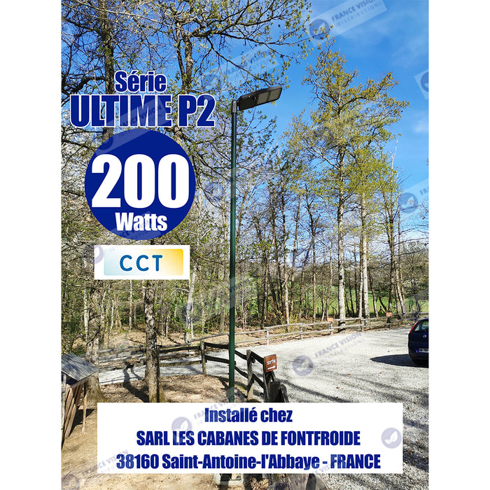 Lampe de rue filaire - Série ULTIME P2 - CCT - Puissance ajustable 100 / 150 / 200 Watts - 180 Lumens/Watt - 53 x 30 x 6,5 cm - IP66 - Angle 150 x 90° - Tube d'insertion 60mm - Couleur Bronze foncé - Dimmable – Angle rotatif - Garantie 5 ans