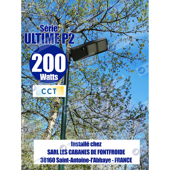 Lampe de rue filaire - Série ULTIME P2 - CCT - Puissance ajustable 100 / 150 / 200 Watts - 180 Lumens/Watt - 53 x 30 x 6,5 cm - IP66 - Angle 150 x 90° - Tube d'insertion 60mm - Couleur Bronze foncé - Dimmable – Angle rotatif - Garantie 5 ans