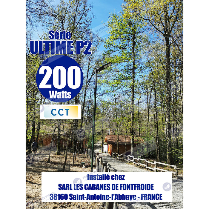 Lampe de rue filaire - Série ULTIME P2 - CCT - Puissance ajustable 100 / 150 / 200 Watts - 180 Lumens/Watt - 53 x 30 x 6,5 cm - IP66 - Angle 150 x 90° - Tube d'insertion 60mm - Couleur Bronze foncé - Dimmable – Angle rotatif - Garantie 5 ans