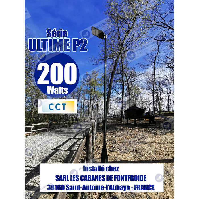 Lampe de rue filaire - Série ULTIME P2 - CCT - Puissance ajustable 100 / 150 / 200 Watts - 180 Lumens/Watt - 53 x 30 x 6,5 cm - IP66 - Angle 150 x 90° - Tube d'insertion 60mm - Couleur Bronze foncé - Dimmable – Angle rotatif - Garantie 5 ans
